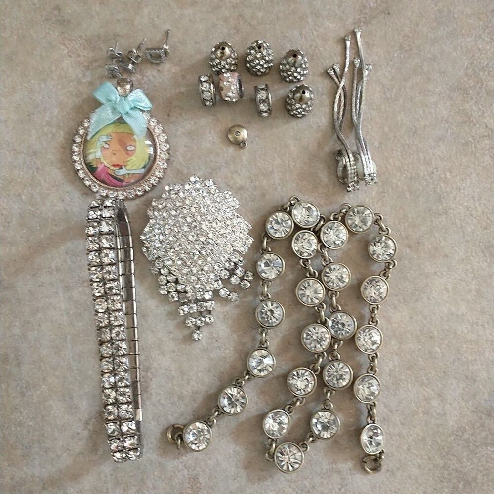 Clear Rhinestone Crystal Broken Jewelry Lot Craft Bling Upcycle Repair Repurpose